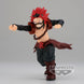 Vue latérale de la figurine Eijiro Kirishima Red Riot montrant sa posture dynamique et son costume rouge