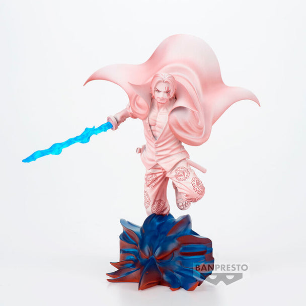 Vue latérale de la figurine One Piece Film Red montrant Monkey D Luffy et Shanks en pose dynamique