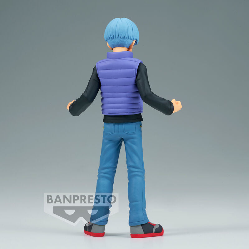 Vue arrière de la figurine Trunks Dragon Ball Super Super Hero exposée sur un socle