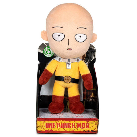 Peluche Saitama One Punch Man de 27 cm en position debout, fabriquée par SELECTA VISION, vue de face.