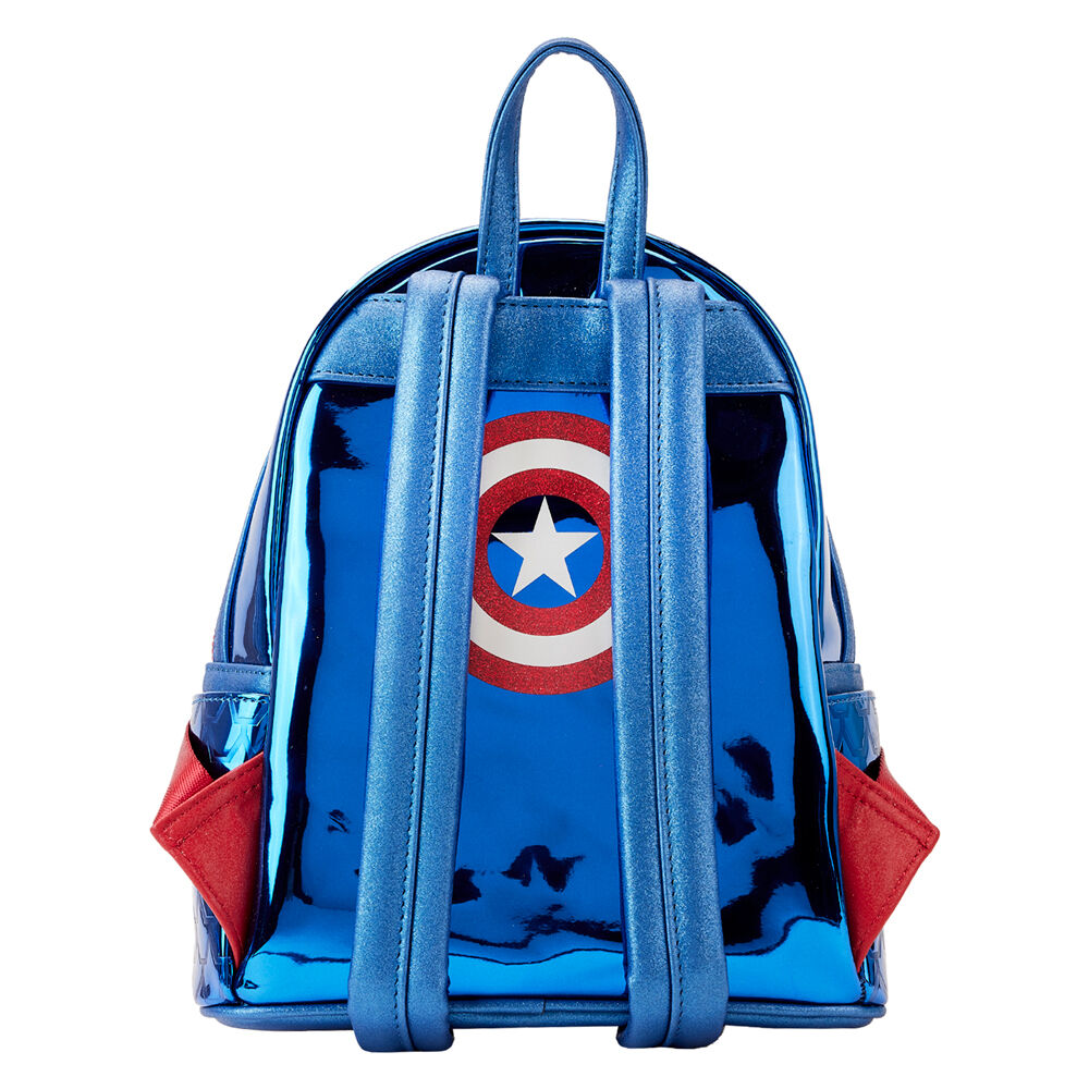 Détail des appliqués et embossages sur le sac à dos Loungefly Marvel Captain America