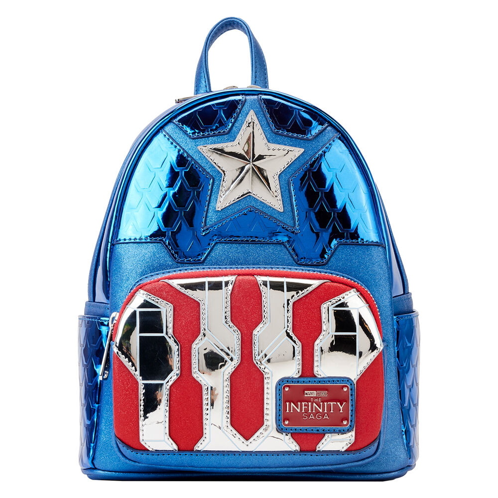 Sac à dos Loungefly Captain America Marvel en cuir vegan métallisé vu de face avec détails brillants