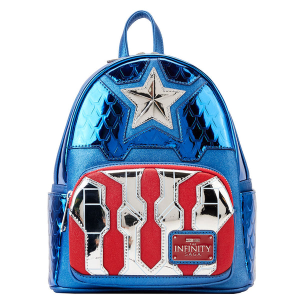 Sac à dos Loungefly Captain America Marvel en cuir vegan métallisé vu de face avec détails brillants