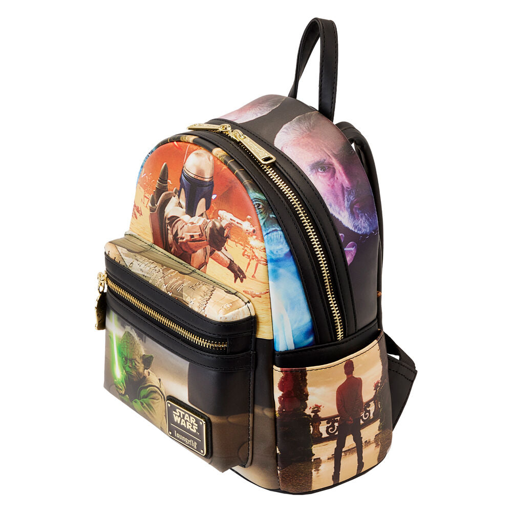 Sac à dos Loungefly Star Wars Attack of the Clones vue de face avec logo et détails imprimés