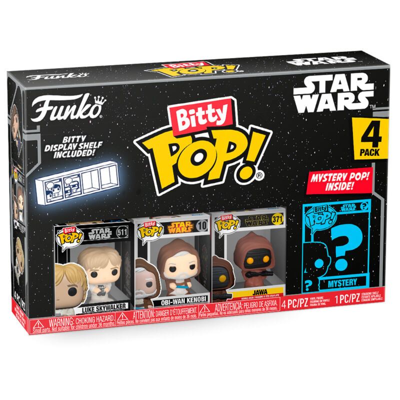 Blister de 4 figurines Bitty POP Star Wars avec Luke Skywalker et autres personnages dans un emballage acrylique rigide