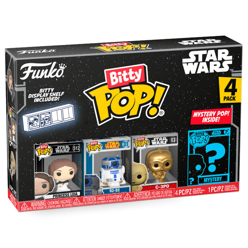 Blister contenant 4 figurines Bitty POP Star Wars Leia de la marque FUNKO, présentées dans des boîtiers acryliques transparents.