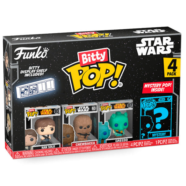 Blister de 4 figurines Bitty POP Star Wars Han Solo FUNKO avec boîtiers en acrylique rigide et socles détachables