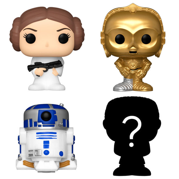 Zoom sur une figurine Bitty POP Star Wars Leia FUNKO avec socle acrylique, montrant les détails et la finition de haute qualité.