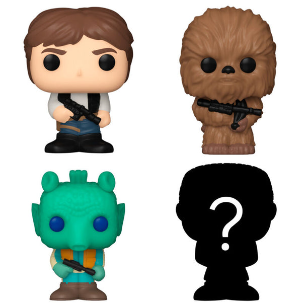 Vue rapprochée d'une figurine Bitty POP Han Solo FUNKO dans son boîtier acrylique, figurine rare de la collection Star Wars