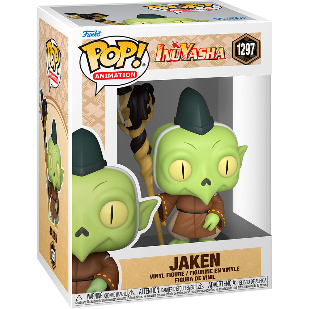 Vue rapprochée de la figurine Funko POP Jaken avec détails soignés et packaging officiel Funko