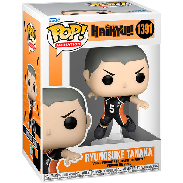 Figurine Funko POP Ryunosuke Tanaka de Haikyu! en vinyle, hauteur 9cm, présentée en boîte vitrine transparente.