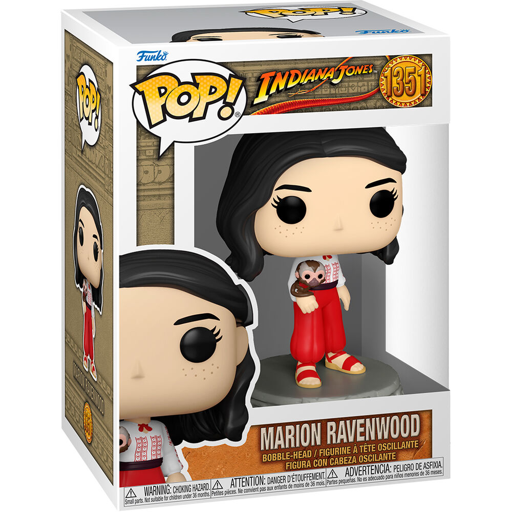 Vue rapprochée de la figurine Funko POP Indiana Jones Marian Ravenwood avec détails soignés et emballage cadeau