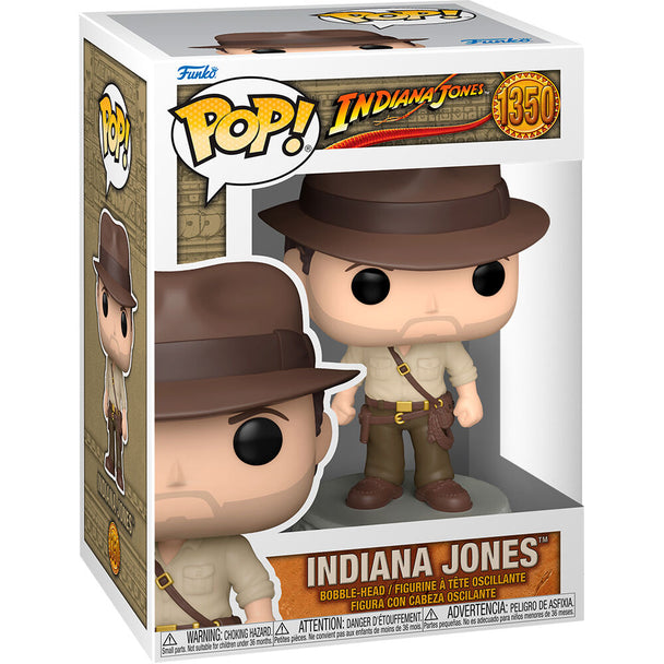 Figurine Funko POP Indiana Jones en vinyl de 9 cm avec chapeau et fouet, vue de face dans sa boîte vitrine.