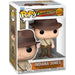 Figurine Funko POP Indiana Jones en vinyl de 9 cm avec chapeau et fouet, vue de face dans sa boîte vitrine.