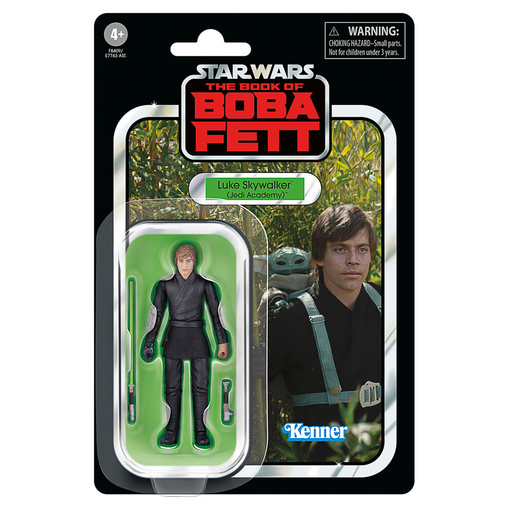 Présentation complète de la figurine Luke Skywalker 9,5 cm avec accessoires sur fond neutre