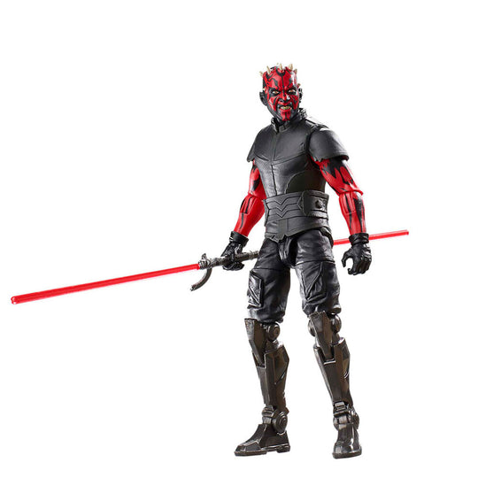 Figurine Darth Maul posée sur un socle avec éclairage mettant en valeur les couleurs