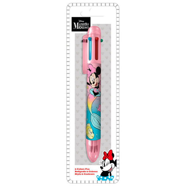 Stylo 6 couleurs Disney Minnie avec design coloré sur fond blanc, produit signé KIDS LICENSING