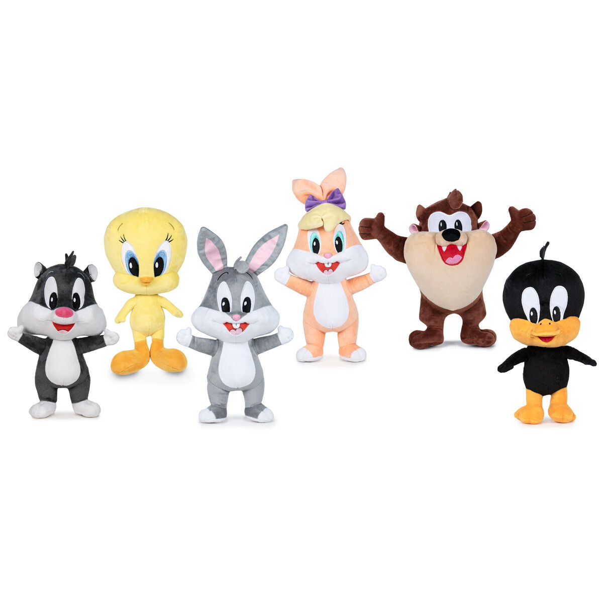 Peluches bébé Looney Tunes assorties 15cm vue d'ensemble avec plusieurs personnages colorés