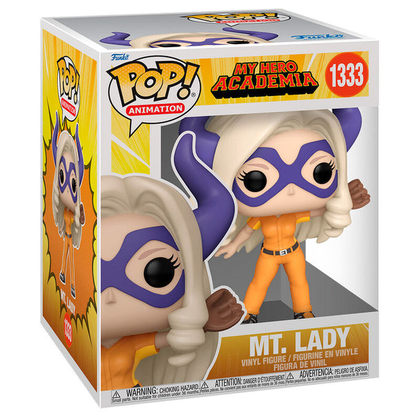 Figurine Funko POP Mt. Lady de My Hero Academia en tenue HLB Baseball, 15 cm, présentée dans sa boîte vitrine transparente