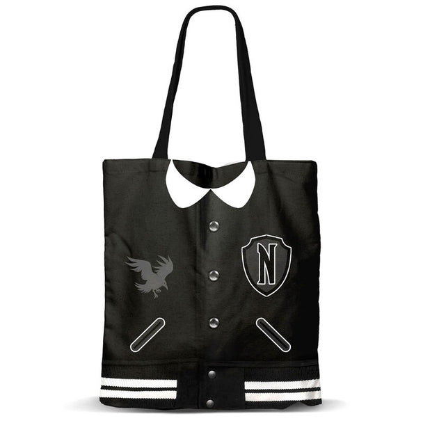 Sac shopping KARACTERMANIA modèle Wednesday Varsity, dimensions 40x33x1cm, design original et pratique.