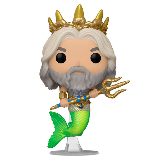 Vue rapprochée de la figurine Funko POP Le Roi Triton avec détails colorés et emballage d'origine
