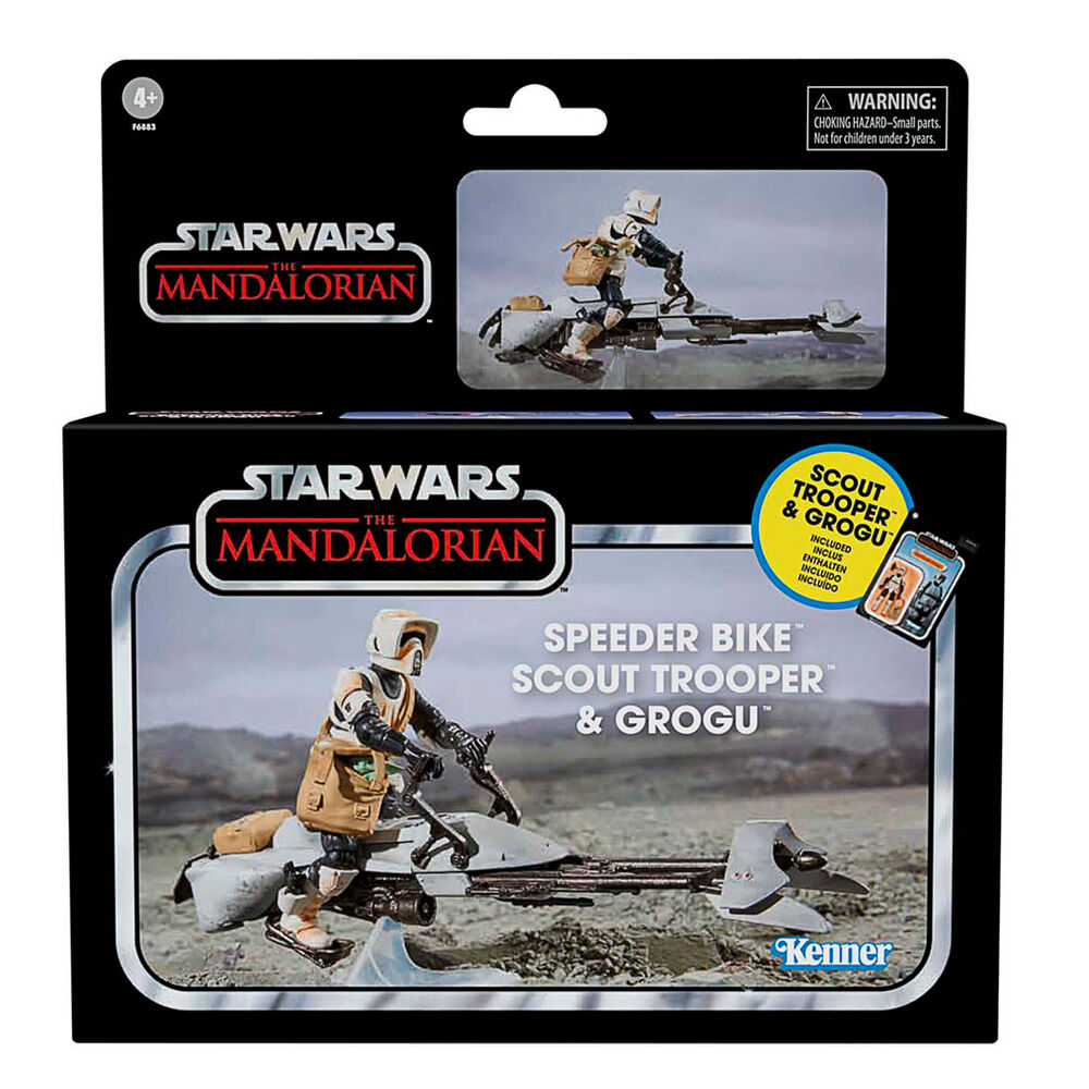 Les deux figurines en action sur le Speeder Bike avec fond neutre