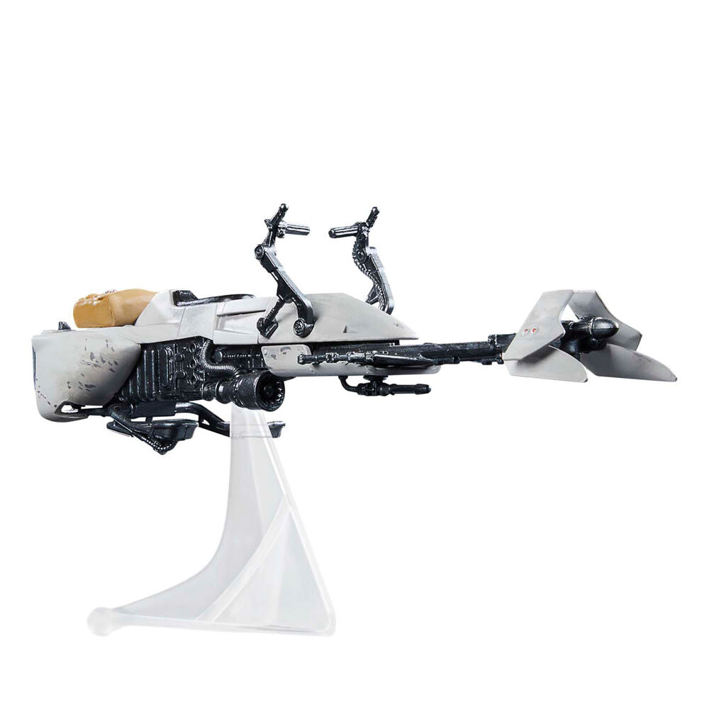 Vue latérale du Speeder Bike avec les deux figurines prêtes à l’action