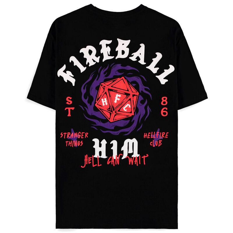 Zoom sur le design Fireball Him du t-shirt Stranger Things, montrant les détails du motif imprimé