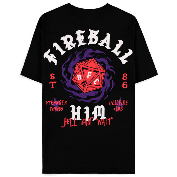 Zoom sur le design Fireball Him du t-shirt Stranger Things, montrant les détails du motif imprimé