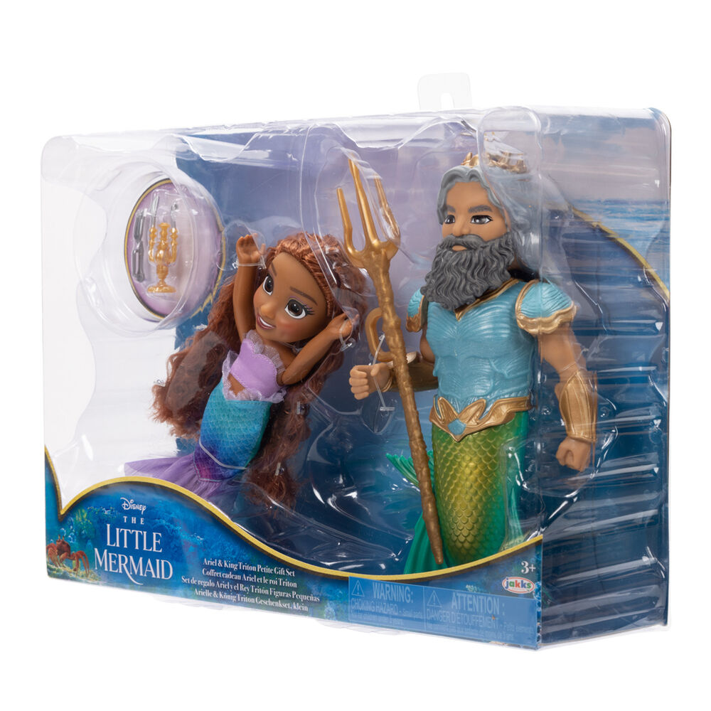 Ensemble des poupées Ariel et Triton Disney La Petite Sirène côte à côte, hauteur 15cm