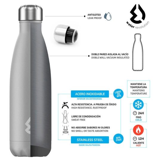 Vue latérale montrant la silhouette élégante et la double paroi isolante de la bouteille 500ml