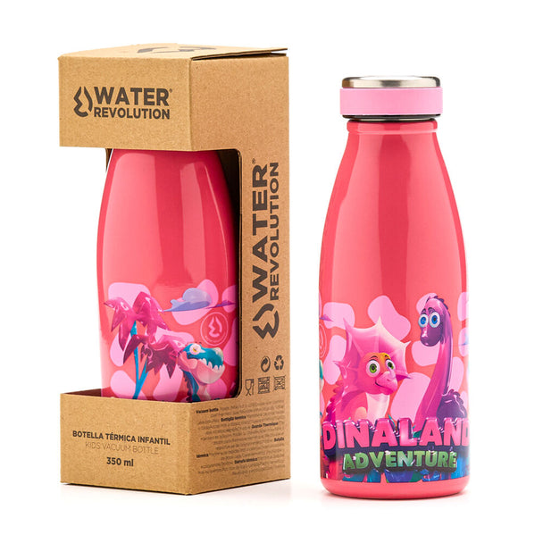 Bouteille isotherme Water Revolution Dinaland montrant la double paroi isolante et le bouchon hermétique, mise en scène lifestyle