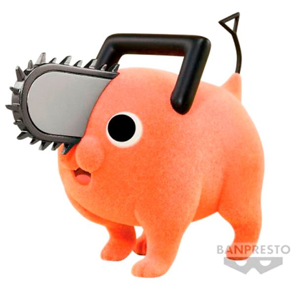 Figurine Pochita version Fluffy Puffy de Chainsaw Man, mesurant 7 cm, fabriquée par BANPRESTO, présentée en détail sur fond neutre.