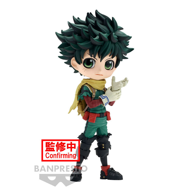 Figurine Izuku Midoriya Q Posket 14cm vue de face avec détails du visage et costume vert.
