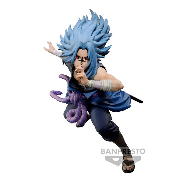 Figurine Sasuke Uchiha Naruto Shippuden Banpresto en pose dynamique, vue latérale montrant la qualité de finition