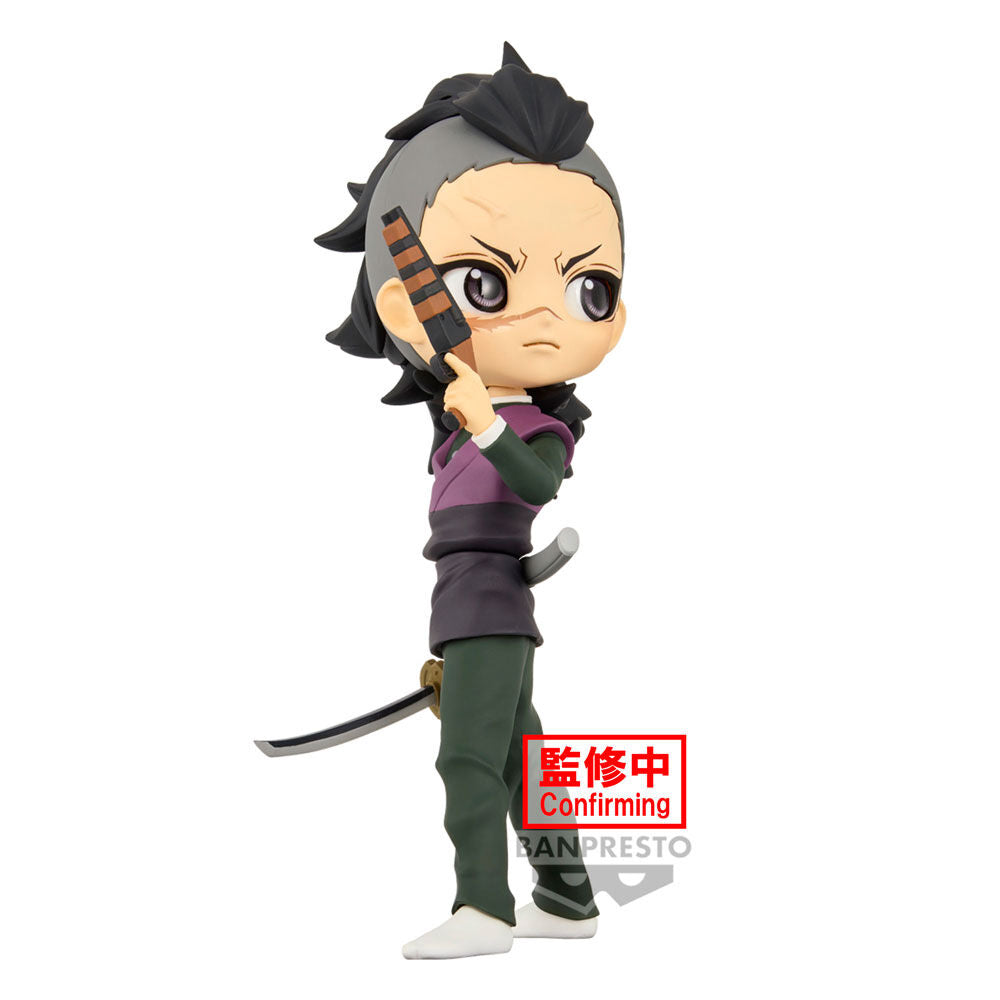 Gros plan sur le visage détaillé de la figurine Genya Shinazugawa Q Posket Demon Slayer