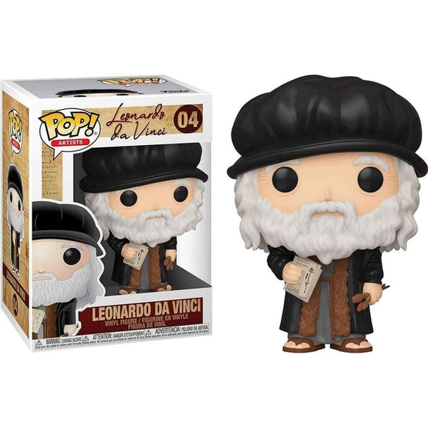 Vue rapprochée de la figurine Funko POP Leonardo Da Vinci montrant les détails du visage et des vêtements