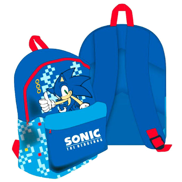 Sac à dos Sonic the Hedgehog bleu officiel SEGA vu de face avec logo et design coloré