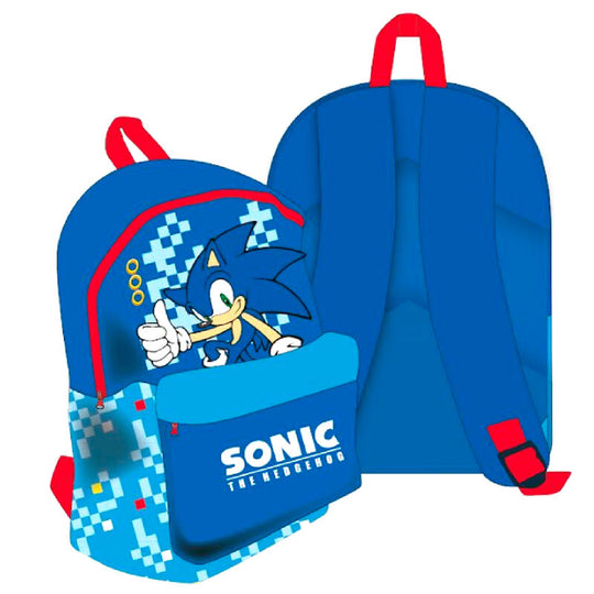 Détail du sac à dos Sonic the Hedgehog montrant les bretelles ajustables et la texture du tissu