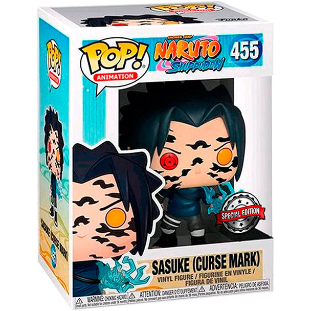 Vue rapprochée de la figurine Funko POP Naruto Shippuden Sasuke Curse Mark, mettant en avant les détails du visage et de la marque