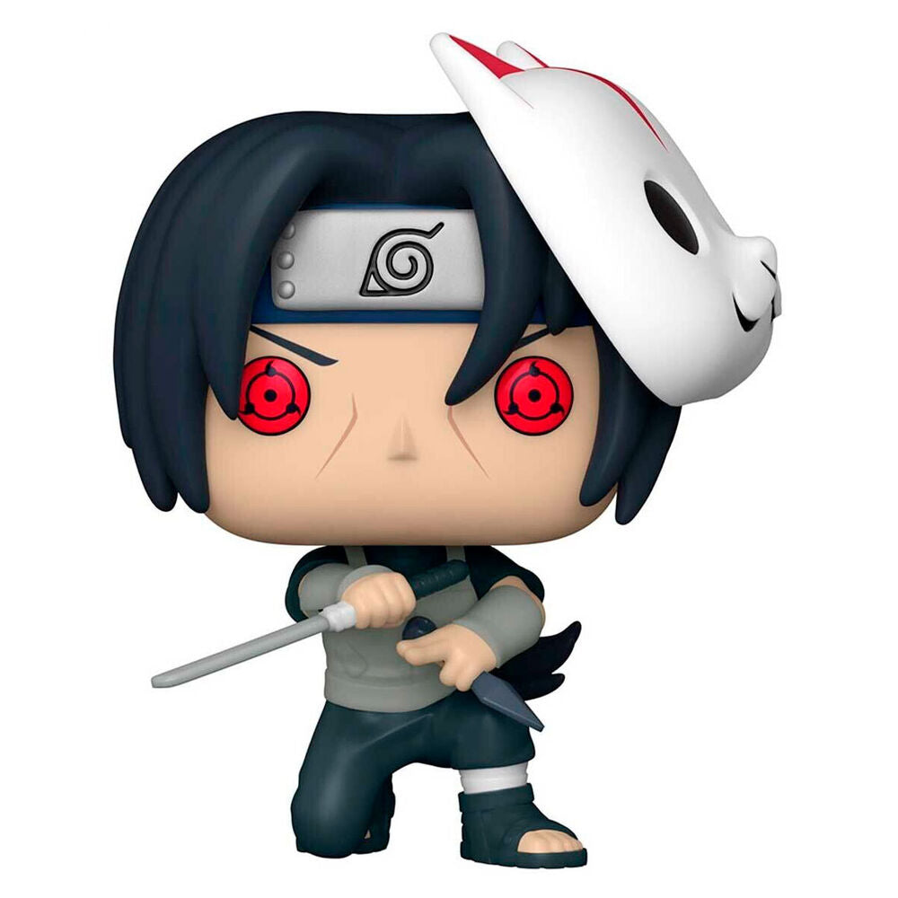Vue détaillée de la figurine Funko POP exclusive Itachi Anbu de Naruto Shippuden avec son costume noir et masque Anbu