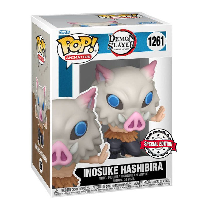 Vue rapprochée de la figurine Funko POP Inosuke Hashibira avec détails précis du masque et des vêtements, emballage transparent.
