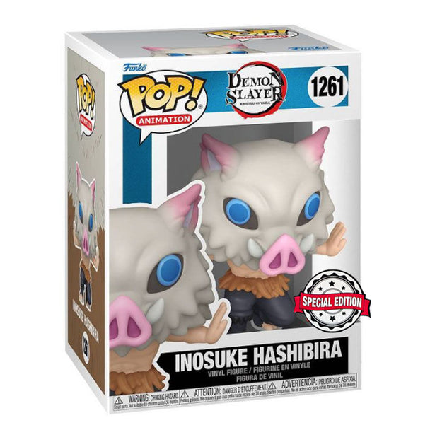 Vue rapprochée de la figurine Funko POP Inosuke Hashibira avec détails précis du masque et des vêtements, emballage transparent.