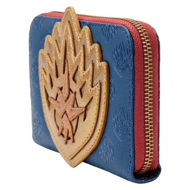 Détail de la fermeture zippée en métal couleur laiton antique du portefeuille Ravager Badge Loungefly.