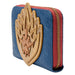Détail de la fermeture zippée en métal couleur laiton antique du portefeuille Ravager Badge Loungefly.