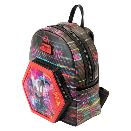 Vue latérale du sac à dos Loungefly avec motifs phosphorescents visibles dans le noir