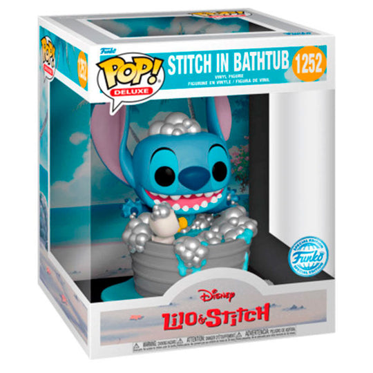 Figurine Funko POP Deluxe de Stitch dans la baignoire, édition exclusive Disney Lilo & Stitch, vue de face avec détails colorés et expression espiègle