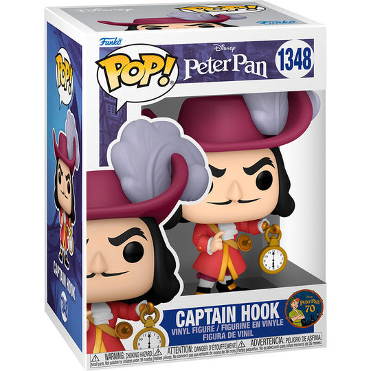 Figurine Funko POP Capitaine Crochet de 9 cm en vinyle, édition 70e anniversaire Peter Pan, présentée dans sa boîte cadeau.