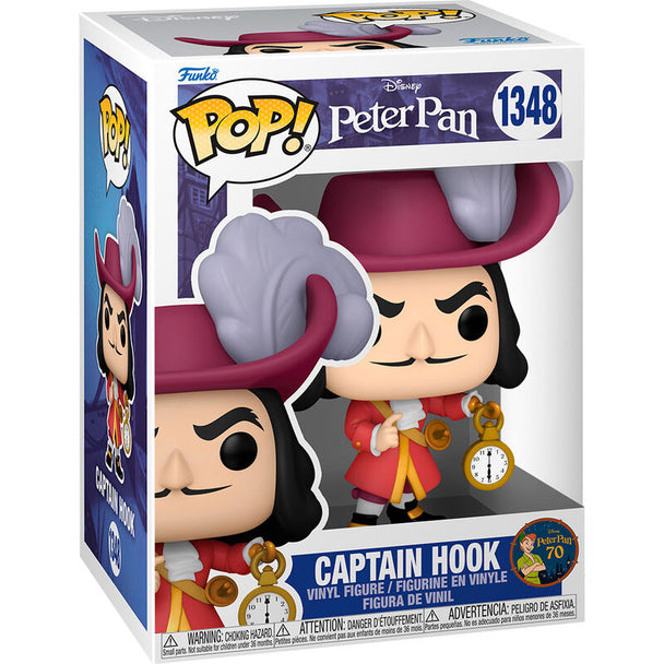 Figurine Funko POP Capitaine Crochet de 9 cm en vinyle, édition 70e anniversaire Peter Pan, présentée dans sa boîte cadeau.