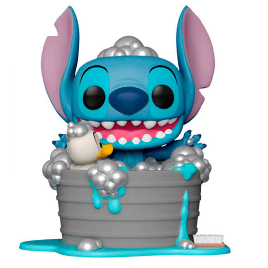 Photo de la figurine Stitch dans la baignoire Funko POP Deluxe, montrant les détails de la peinture et la qualité de la finition sous un angle latéral